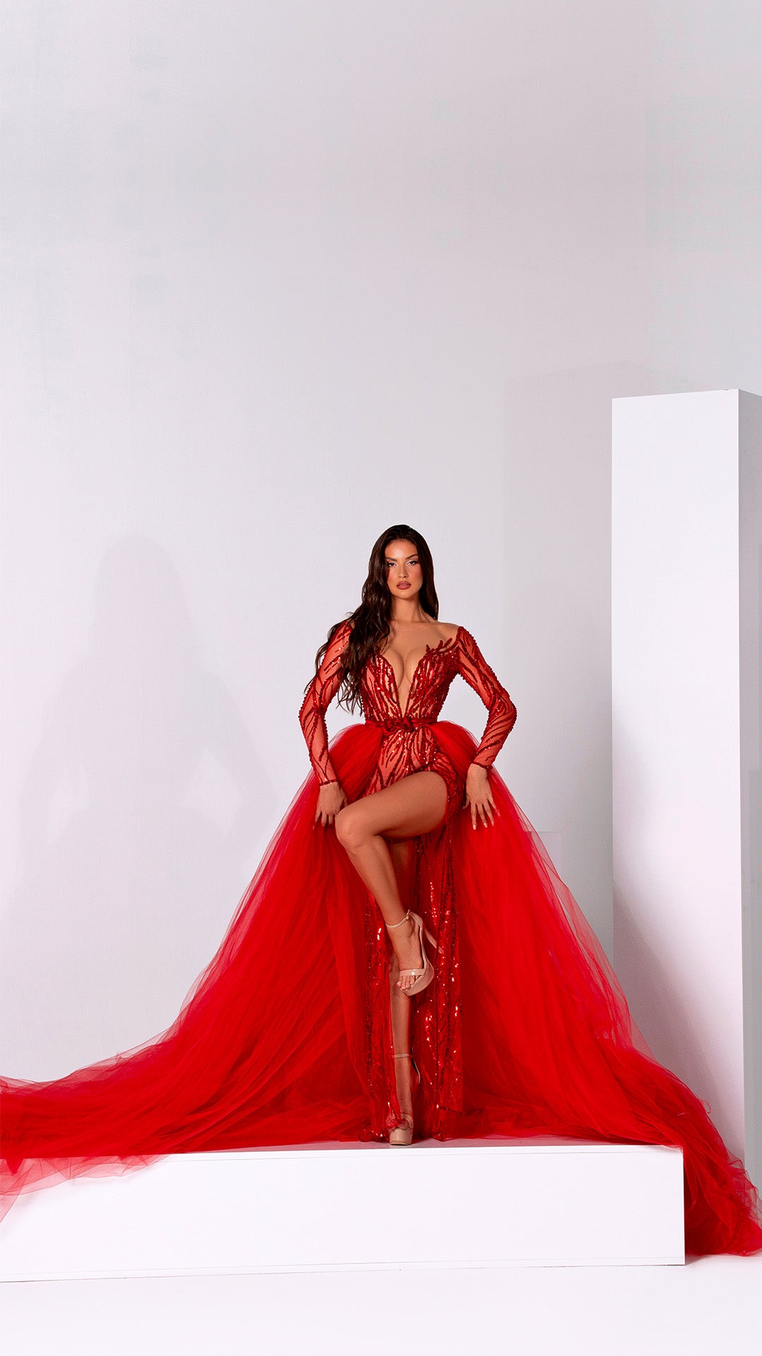 Scarlet Cascade - Red Long Dress with overskirt